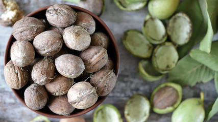 Walnuts. Walnut leaves Harvest walnuts.