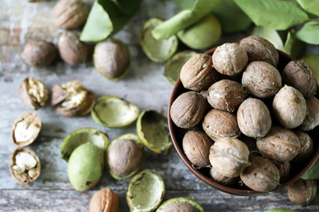 Walnuts. Walnut leaves Harvest walnuts.