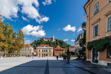 Ljublanja, Slovenia. September 9th, 2019.   View of a Congress Square (Kongresni Trg) and Ljubljana...