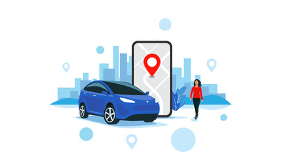 Vector illustration of autonomous online car sharing service controlled via smartphone app. Phone with location mark and smart car with modern city skyline. Isolated connected vehicle remote parking.  © petovarga
