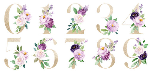 Gold number set with watercolor flowers roses and leaves. Numbers perfectly for wedding invitations, greeting card, poster and other floral design. Hand painting. Isolated on white background.