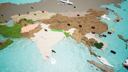Mappa Terra con bandiere nazioni al vento