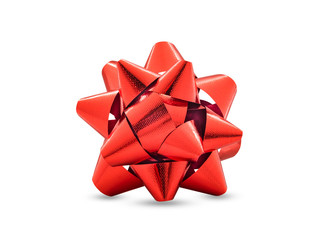 Red shiny ribbon gift bow isolated on white background with clipping path.