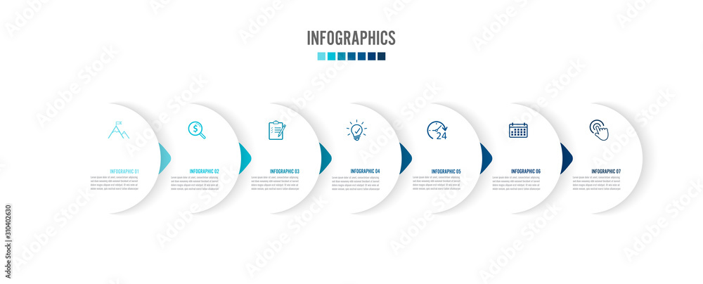Poster seven paper white overlapping arrows placed in horizontal row. concept of 8 successive. for content,