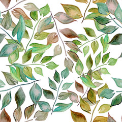 Watercolor forest leaves seamless print pattern.