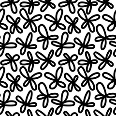 Monochrome hand drawn four petal flowers seamless vector pattern.