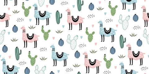 Wall murals Scandinavian style Cute Seamless pattern with llama, cactus and hand drawn elements. Creative childish hand drawn scandinavian texture. Great for fabric, textile Vector Illustration.