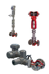 three modern shut-off valves with automatic control for gas pipeline isolated on a white background. Transverse section