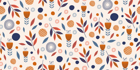 Flowers seamless pattern with leaves floral elements. Hand drawn scandinavian style. Plants garden decoration with circle abstract. Vector illustration for fashion textile print with texture.