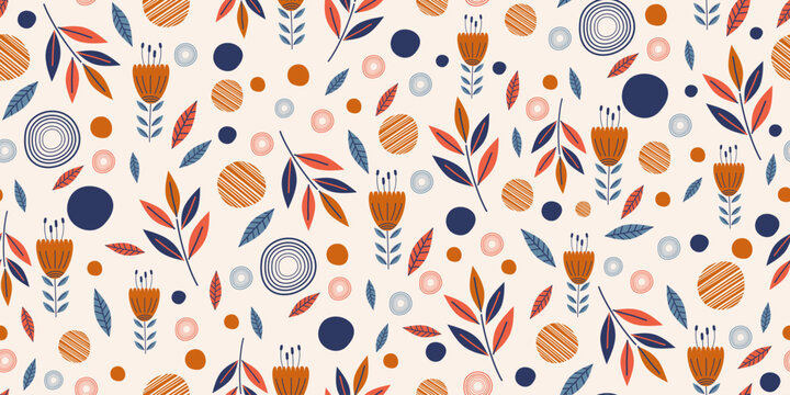 Fototapeta Flowers seamless pattern with leaves floral elements. Hand drawn scandinavian style. Plants garden decoration with circle abstract. Vector illustration for fashion textile print with texture.
