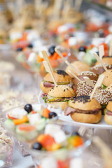 Mini burgers with meat and fish on the table prepared for the guests of the event.
