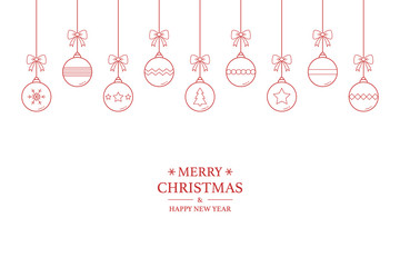 Christmas greeting card with hanging festive balls and wishes. Xmas decorations. Vector