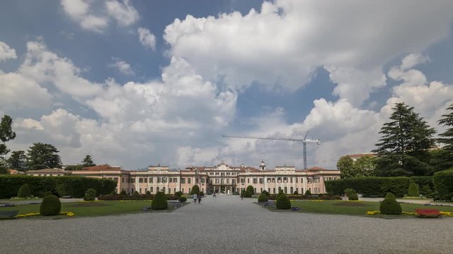 Time lapse of the flower gardens "Estensi" of Varese, Italy. In the background the Estense Palace, on a sunny spring day