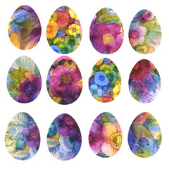 Happy Easter. A set of Easter eggs with different watercolor fill and decorative floral patterns on a white background. Trendy colors pink,green,violet.Spring holiday.