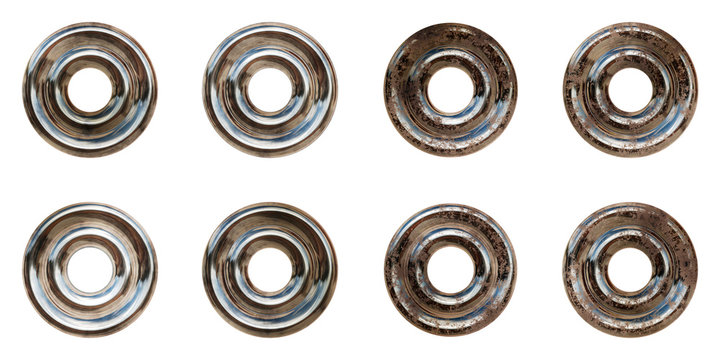 Closeup of colorful rivets / chrome metal eyelets texture background, top view (High-resolution 3D CG rendering illustration)