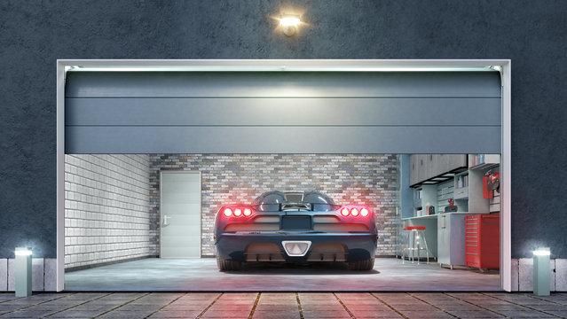 Modern garage with open gate. 3d illustration