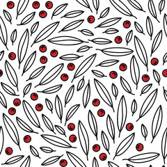 scarlet firethorn leaves berries Thanksgiving Christmas New Year winter holidays seasonal decorative floral seamless pattern red black and white vector illustration isolated on white background