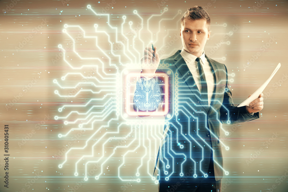 Poster man and brain icon hologram. double exposure. concept of data development
