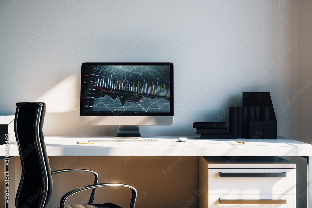 Poster cabinet desktop interior with financial charts and graphs on computer screen. concept of stock marke