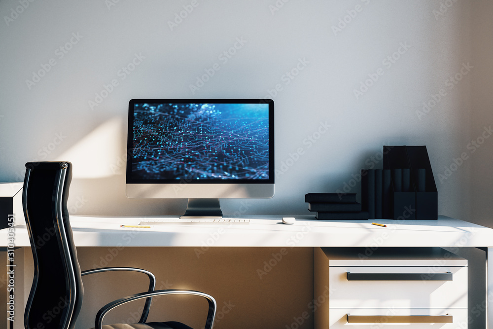 Poster cabinet desktop interior with technology theme drawing on computer screen. concept of hightech. 3d r