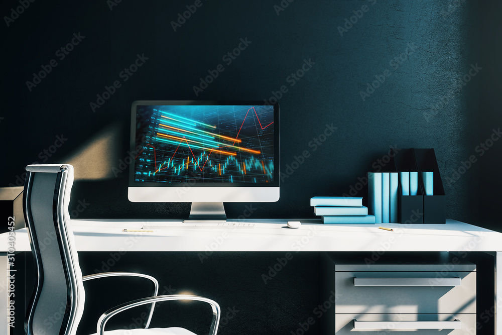 Aufkleber cabinet desktop interior with financial charts and graphs on computer screen. concept of stock marke