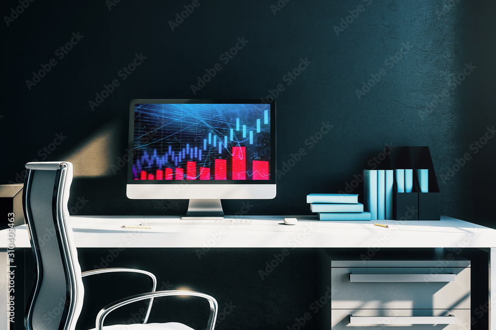 Aufkleber cabinet desktop interior with financial charts and graphs on computer screen. concept of stock marke