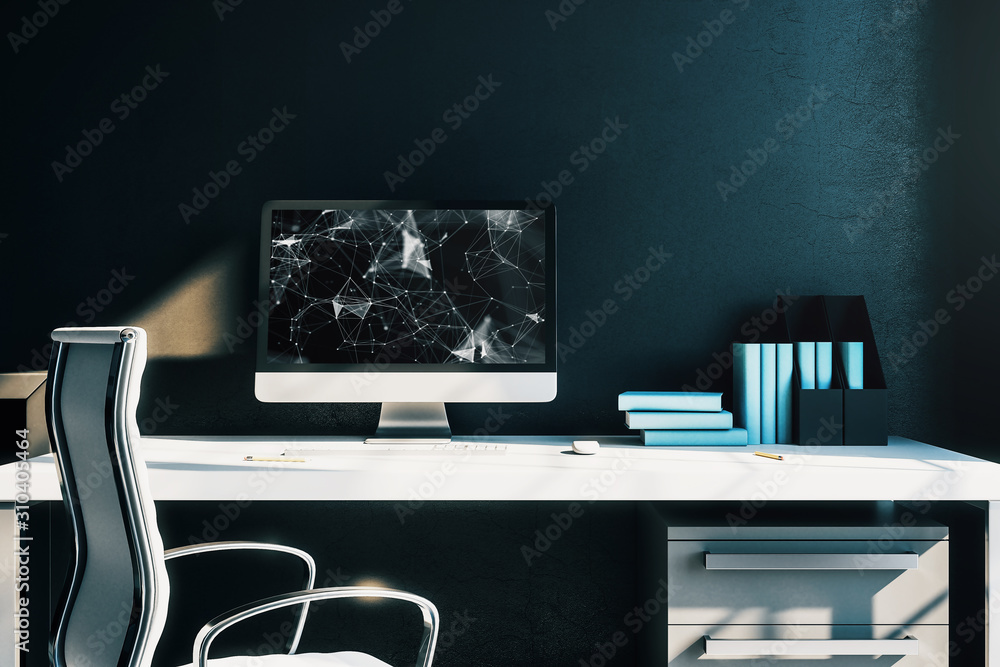 Aufkleber cabinet desktop interior with technology theme drawing on computer screen. concept of hightech. 3d r