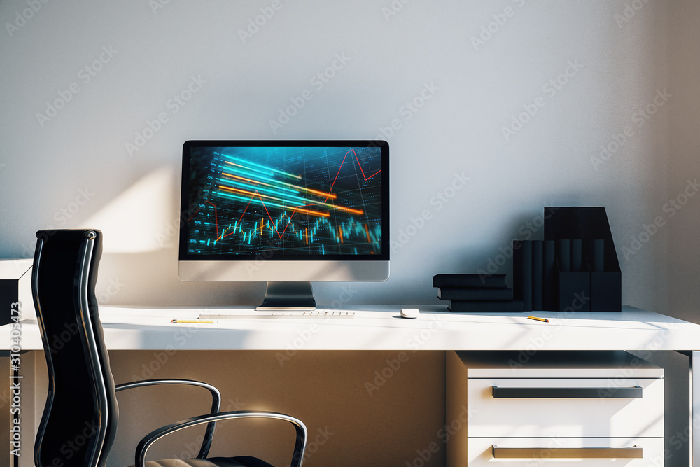 Aufkleber cabinet desktop interior with financial charts and graphs on computer screen. concept of stock marke