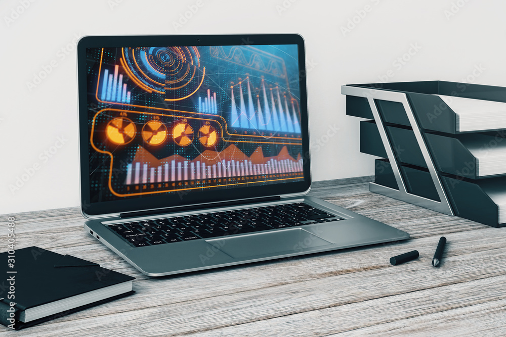 Aufkleber laptop closeup with business theme drawing on computer screen. 3d rendering.