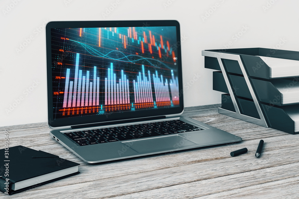 Poster laptop closeup with forex graph on computer screen. financial trading and education concept. 3d rend