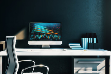 Cabinet desktop interior with financial charts and graphs on computer screen. Concept of stock market analysis and trading. 3d rendering.