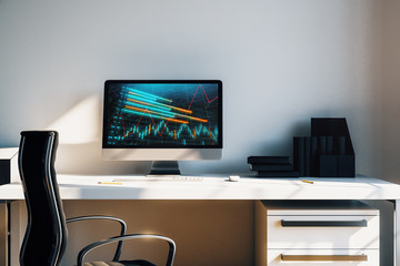 Cabinet desktop interior with financial charts and graphs on computer screen. Concept of stock market analysis and trading. 3d rendering.