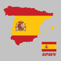 Map outline and flag of Spain and the country name, a horizontal of red yellow and red; charged with the Spanish coat of arms.