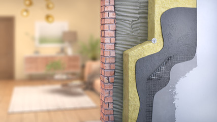 Wall thermal insulation with blurred room on background, 3d illustration