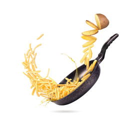 RW french fries flies from the pan in a white background