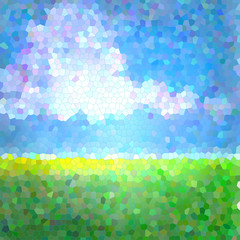 Simple mosaic landscape with horizon, clouds and grass