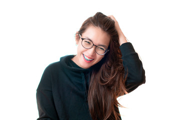 Obraz premium Smiling asian woman standing and touch her hair looking at camera isolate on white background.