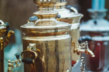 Old vintage copper Russian samovar for tea brewing and tea drinking