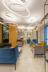 Interior of a hotel lobby with reception desk