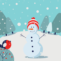 Happy snowman in winter forest with robin