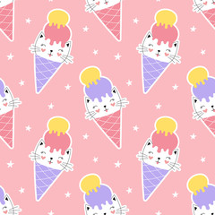 Cute seamless pattern sweet kitten in ice cream cone. Cartoon print for textiles, wrapping, fabric, wallpaper. Vector illustration for children.