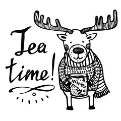 Tea time and deer with cup. Hand drawn funny deer in a sweater with a cup. Vector illustration isolated on the white background. 