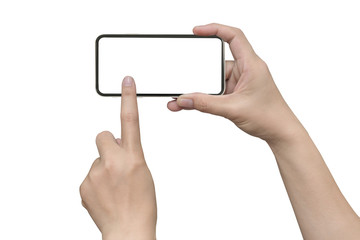 Obraz na płótnie Canvas Smartphone in female hands taking photo isolated on white blackground