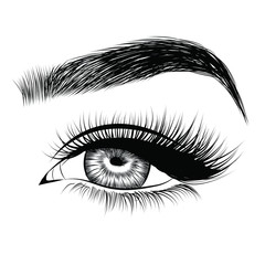  Fashion illustration of the eye with long full lashes. Hand drawn vector idea for business visit cards, templates, web, salon banners,brochures. Natural eyebrows and modern makeup