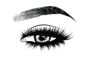 Fototapeta premium Fashion illustration of the eye with long full lashes. Hand drawn vector idea for business visit cards, templates, web, salon banners,brochures. Natural eyebrows and modern makeup