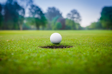 Golf ball on green meadow. golf ball on lip of cup