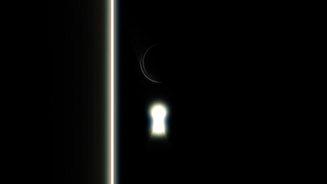Door in a dark room opens and fills the space with bright white light, new possibilities concept. Animation. Abstract silhouette of door and keyhole with a key inside, monochrome.