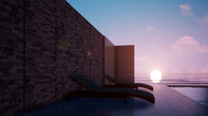 sunset over the sea, resort design, background 3d rendering