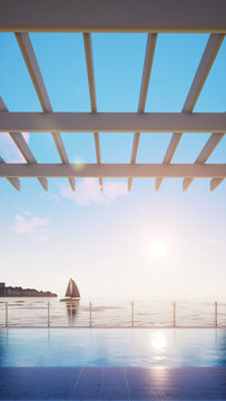 beach lounge with swimming pool, sea view and blue sky, 3d rendering vertical background