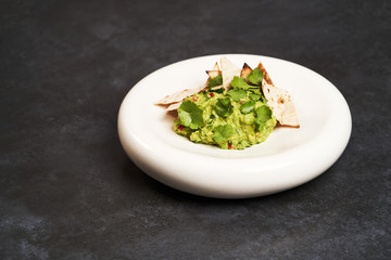 Guacamole with pita chips on white plate. Chef's signature dish
